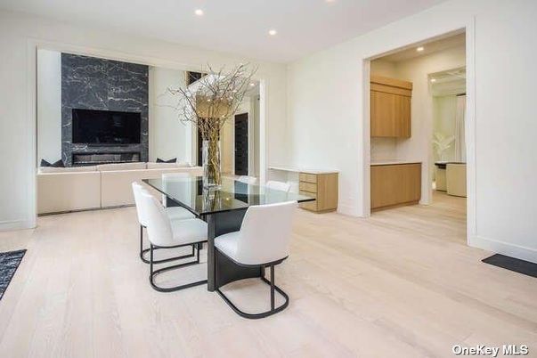 Dining room, Fireplace, Interior, Recessed Lighting, Wood Texture Flooring