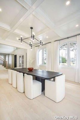 Dining room, Interior, Pendant Lights, Recessed Lighting, Wood Texture Flooring