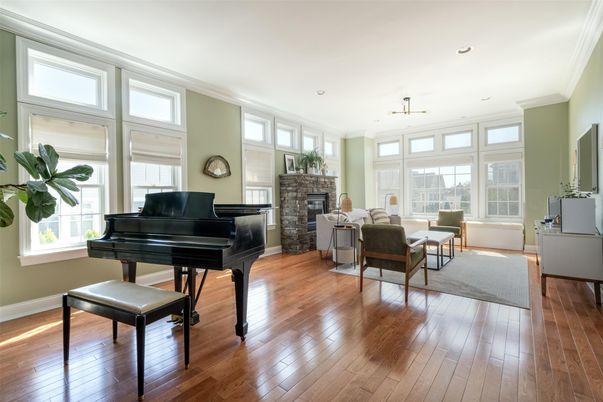 Fireplace, Interior, Living room, Piano, Recessed Lighting, Wood Texture Flooring