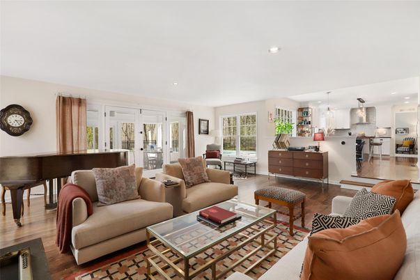 Interior, Kitchen, Living room, Pendant Lights, Piano, Recessed Lighting, Stainless Steel Appliances, Wood Texture Flooring
