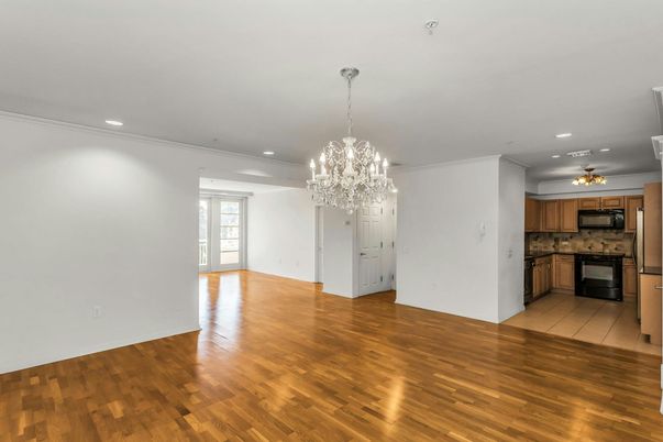 Chandelier, Empty room, Interior, Kitchen, Recessed Lighting, Wood Texture Flooring