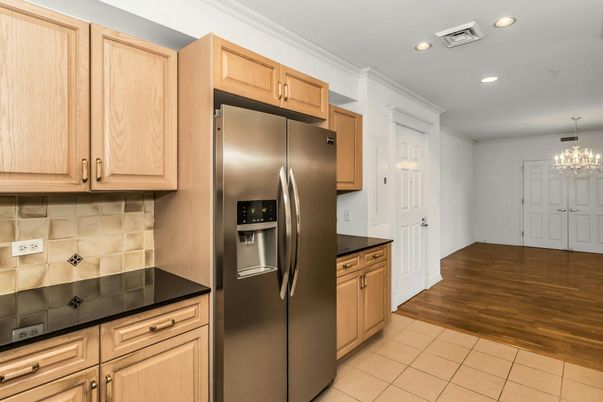 Chandelier, Interior, Kitchen, Recessed Lighting, Stainless Steel Appliances, Wood Texture Flooring
