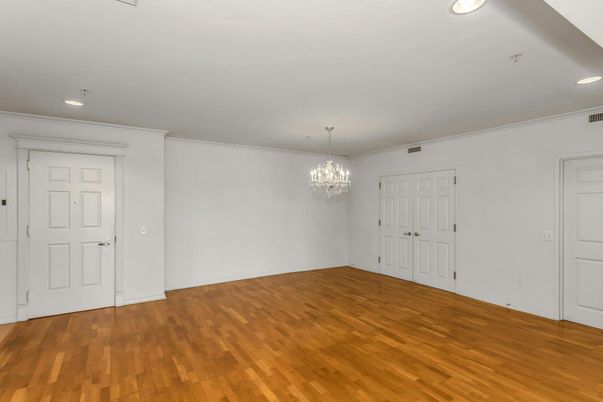 Chandelier, Empty room, Interior, Recessed Lighting, Wood Texture Flooring