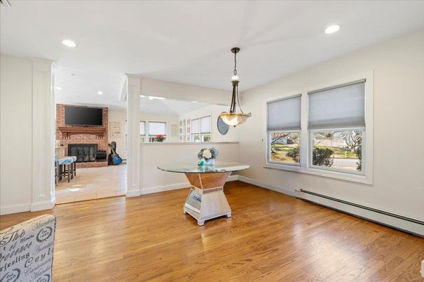 Fireplace, Interior, Pendant Lights, Recessed Lighting, Wood Texture Flooring