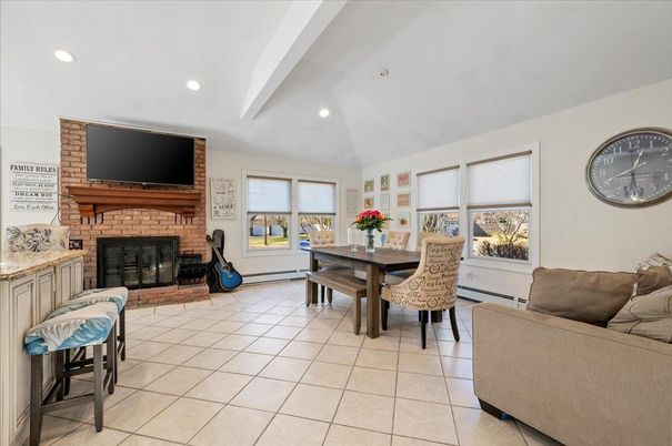 Dining room, Fireplace, Interior, Living room, Recessed Lighting