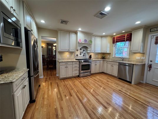 Interior, Kitchen, Recessed Lighting, Stainless Steel Appliances, Wood Texture Flooring