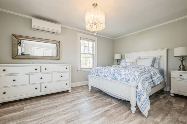 Bedroom, Chandelier, Interior, Wood Texture Flooring