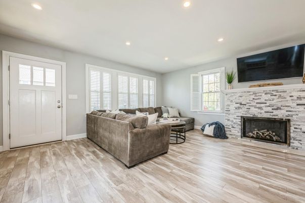 Fireplace, Interior, Living room, Recessed Lighting, Wood Texture Flooring
