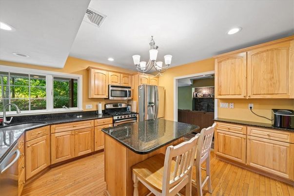 Chandelier, Interior, Kitchen, Recessed Lighting, Stainless Steel Appliances, Wood Texture Flooring