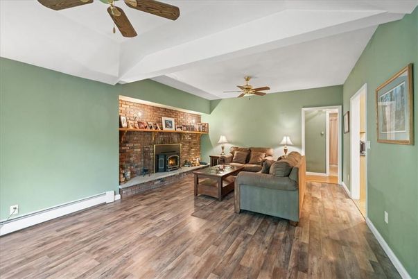 Fireplace, Interior, Living room, Stone Walls, Wood Texture Flooring
