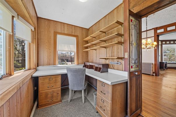 Chandelier, Home Office, Interior, Wood Texture Flooring, Wooden Walls