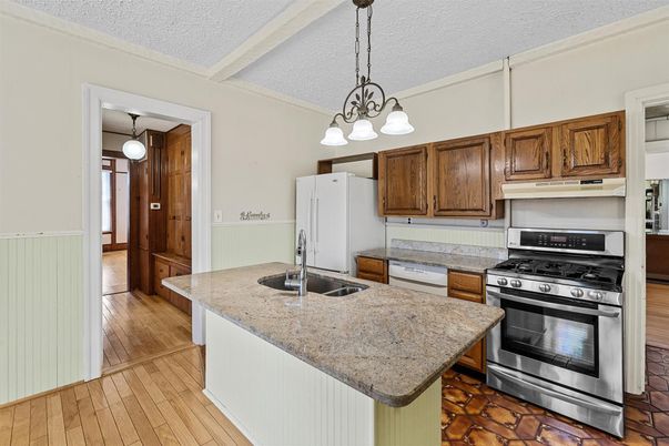 Interior, Kitchen, Pendant Lights, Stainless Steel Appliances, Wood Texture Flooring
