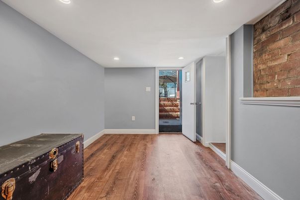 Interior, Recessed Lighting, Stone Walls, Wood Texture Flooring