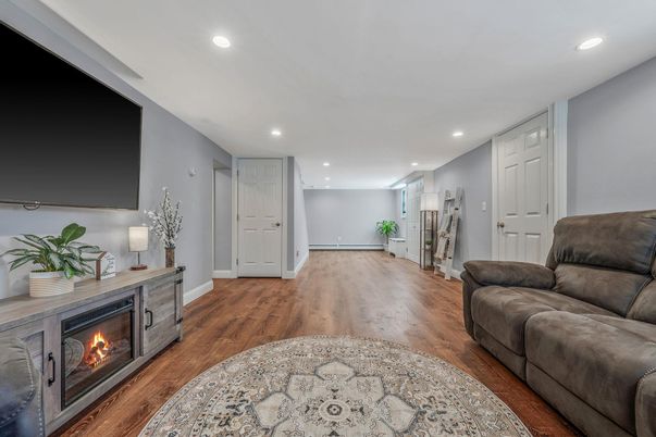 Fireplace, Interior, Recessed Lighting, Wood Texture Flooring