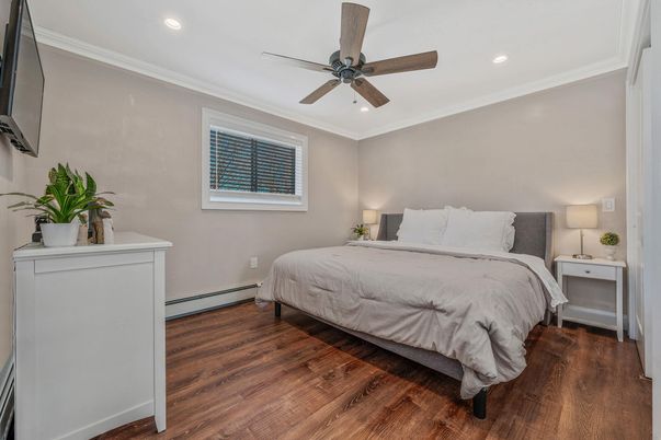 Bedroom, Interior, Recessed Lighting, Wood Texture Flooring