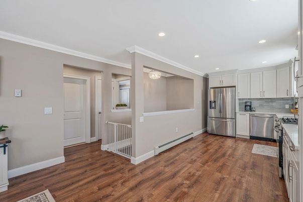 Interior, Kitchen, Recessed Lighting, Stainless Steel Appliances, Wood Texture Flooring