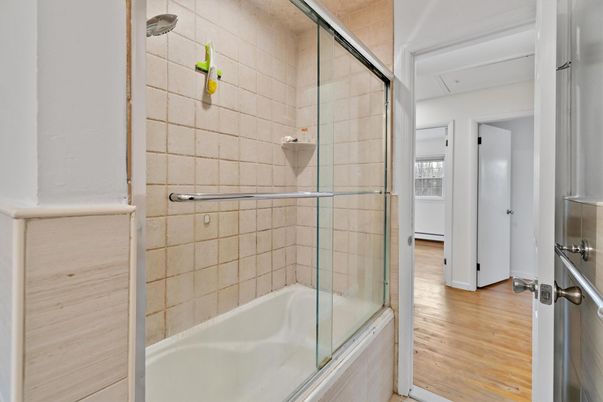 Bathroom, Glass Shower, Interior, Wood Texture Flooring