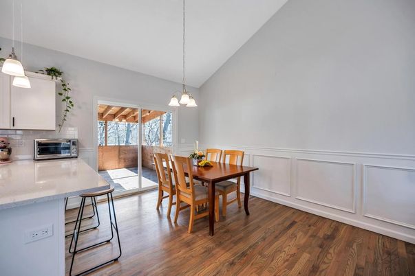 Dining room, Interior, Kitchen, Pendant Lights, Wood Texture Flooring