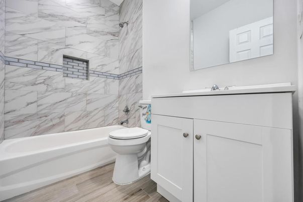 Bathroom, Interior, Marble Walls, Wood Texture Flooring