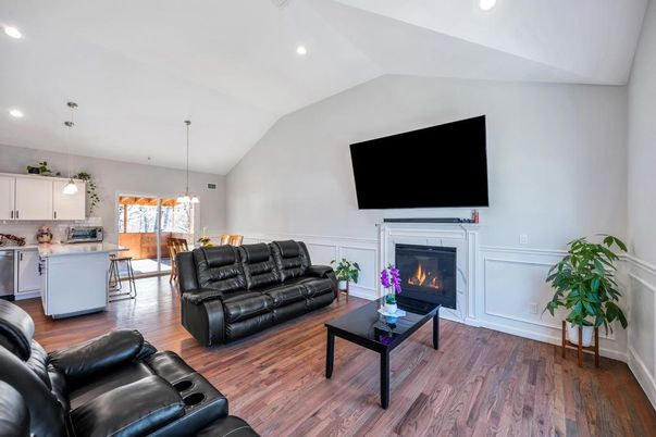 Dining room, Fireplace, Interior, Kitchen, Living room, Pendant Lights, Recessed Lighting, Wood Texture Flooring