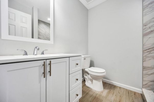 Bathroom, Interior, Marble Walls, Recessed Lighting, Wood Texture Flooring