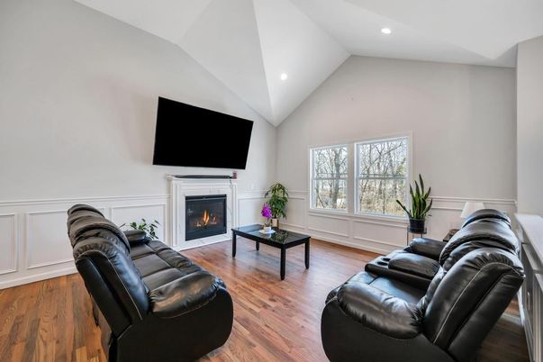 Fireplace, Interior, Living room, Recessed Lighting, Wood Texture Flooring
