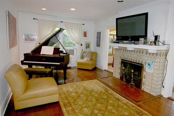 Fireplace, Interior, Piano, Recessed Lighting, Wood Texture Flooring