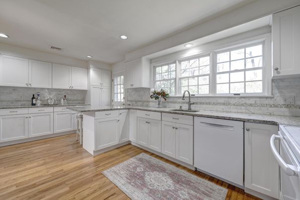 Interior, Kitchen, Marble Walls, Recessed Lighting, Wood Texture Flooring