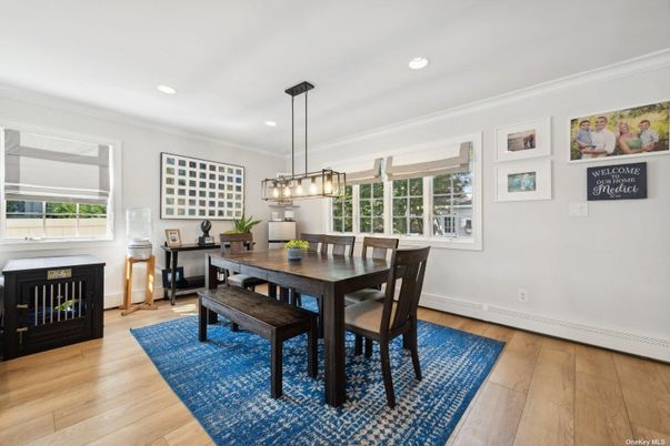 Dining room, Interior, Pendant Lights, Recessed Lighting, Wood Texture Flooring