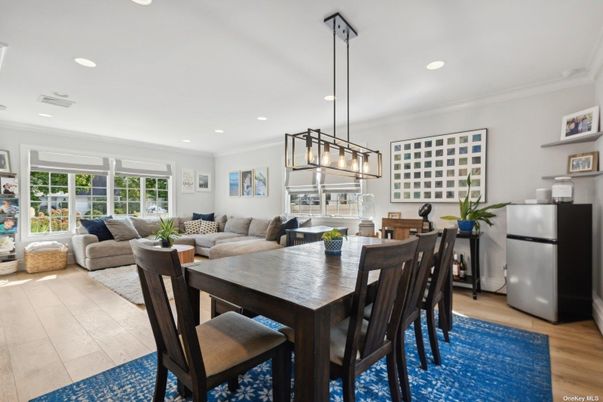 Dining room, Interior, Living room, Pendant Lights, Recessed Lighting, Wood Texture Flooring