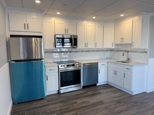 Interior, Kitchen, Recessed Lighting, Stainless Steel Appliances, Wood Texture Flooring