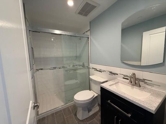 Bathroom, Glass Shower, Interior, Recessed Lighting, Wood Texture Flooring