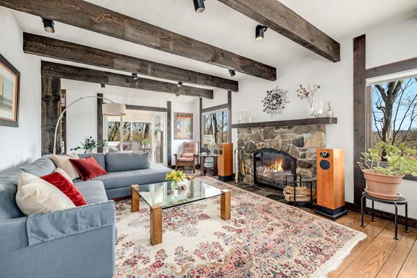 Fireplace, Interior, Living room, Wooden Beams, Wood Texture Flooring
