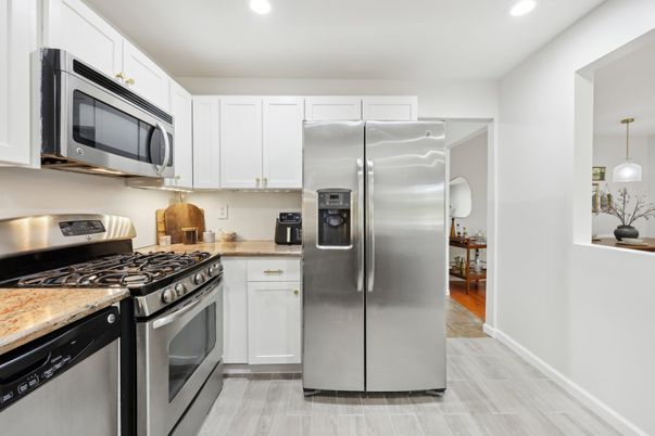 Interior, Kitchen, Pendant Lights, Recessed Lighting, Stainless Steel Appliances, Wood Texture Flooring
