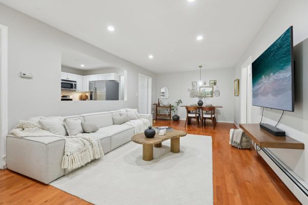Dining room, Interior, Kitchen, Living room, Pendant Lights, Recessed Lighting, Stainless Steel Appliances, Wood Texture Flooring