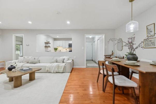 Dining room, Interior, Kitchen, Living room, Pendant Lights, Recessed Lighting, Wood Texture Flooring