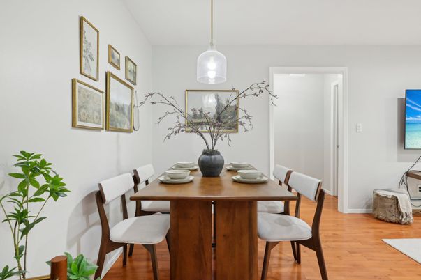 Dining room, Interior, Pendant Lights, Wood Texture Flooring
