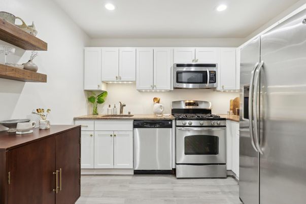 Interior, Kitchen, Recessed Lighting, Stainless Steel Appliances, Wood Texture Flooring