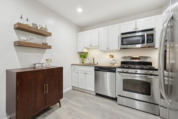 Interior, Kitchen, Recessed Lighting, Stainless Steel Appliances, Wood Texture Flooring
