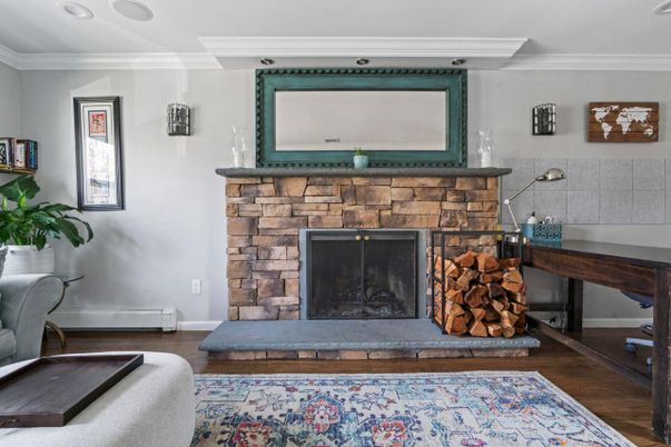 Fireplace, Interior, Recessed Lighting, Wood Texture Flooring