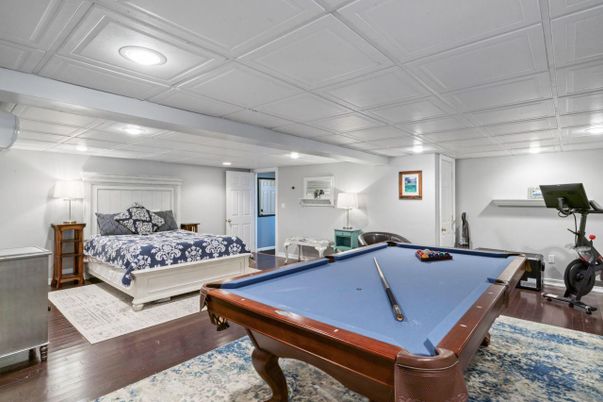 Bedroom, Billiard Table, Fitness Equipment, Game Room, Interior, Recessed Lighting, Wood Texture Flooring