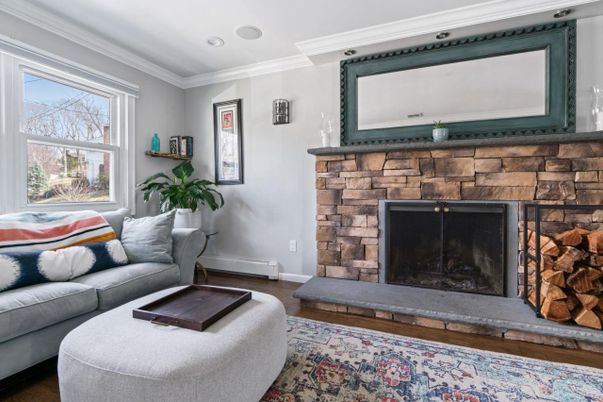 Fireplace, Interior, Living room, Recessed Lighting, Wood Texture Flooring