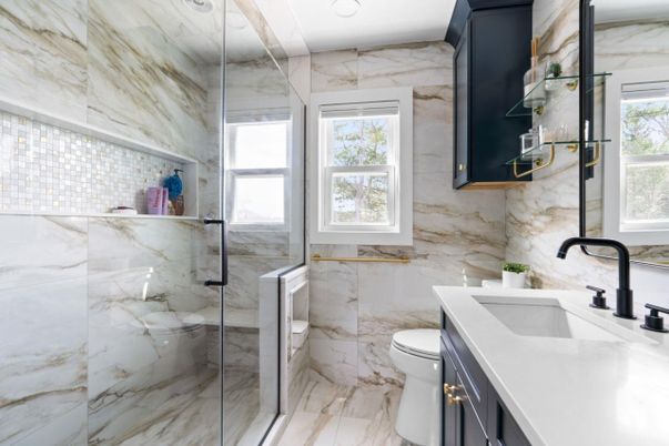 Bathroom, Glass Shower, Interior, Marble, Marble Walls, Recessed Lighting