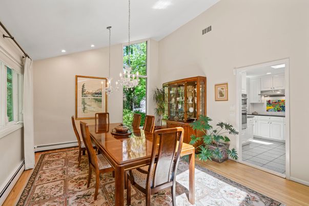 Chandelier, Dining room, Interior, Kitchen, Recessed Lighting, Wood Texture Flooring
