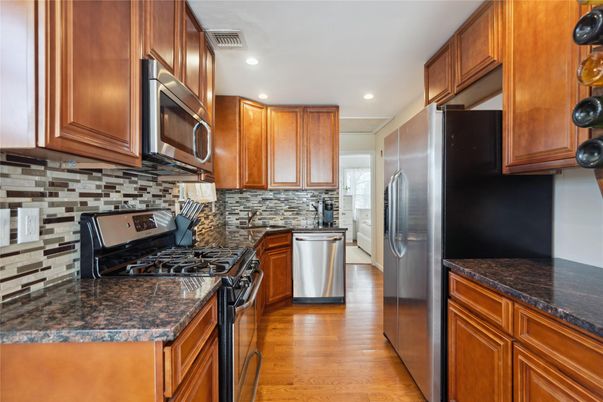 Interior, Kitchen, Recessed Lighting, Stainless Steel Appliances, Wood Texture Flooring
