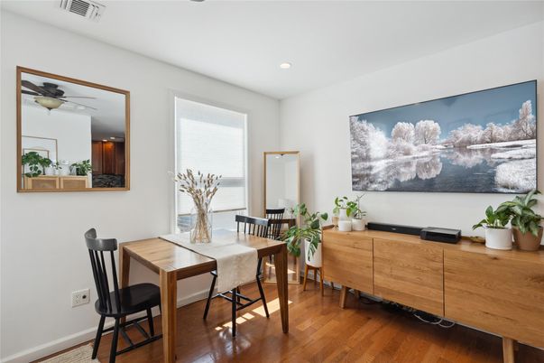 Dining room, Interior, Recessed Lighting, Wood Texture Flooring