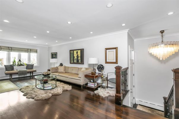 Chandelier, Interior, Living room, Recessed Lighting, Wood Texture Flooring
