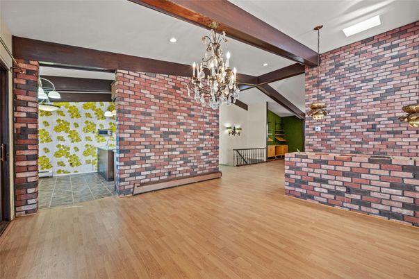Chandelier, Empty room, Interior, Recessed Lighting, Stone Walls, Wooden Beams, Wood Texture Flooring