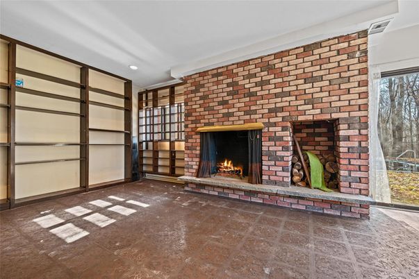Empty room, Fireplace, Interior, Recessed Lighting, Stone Walls