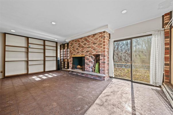 Empty room, Fireplace, Interior, Recessed Lighting, Stone Walls